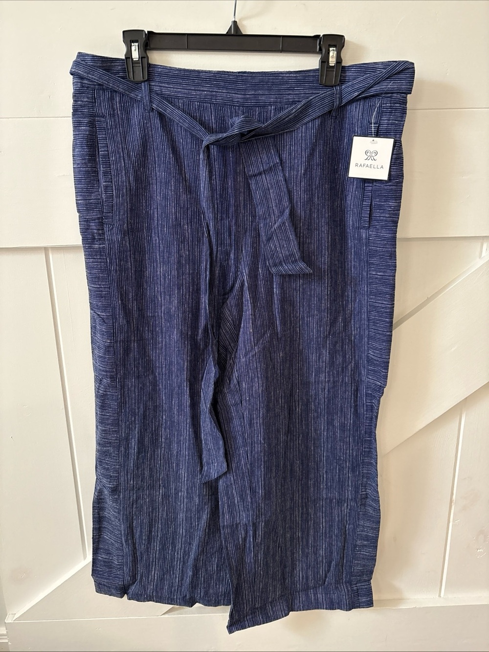 Rafaella Mediterranean Blue Stripe Belted Cropped Linen Blend Pants Size 14